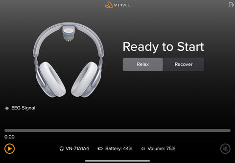 Headphones with 'Vital' branding on a dark background, displaying 'Ready to Start' text.
